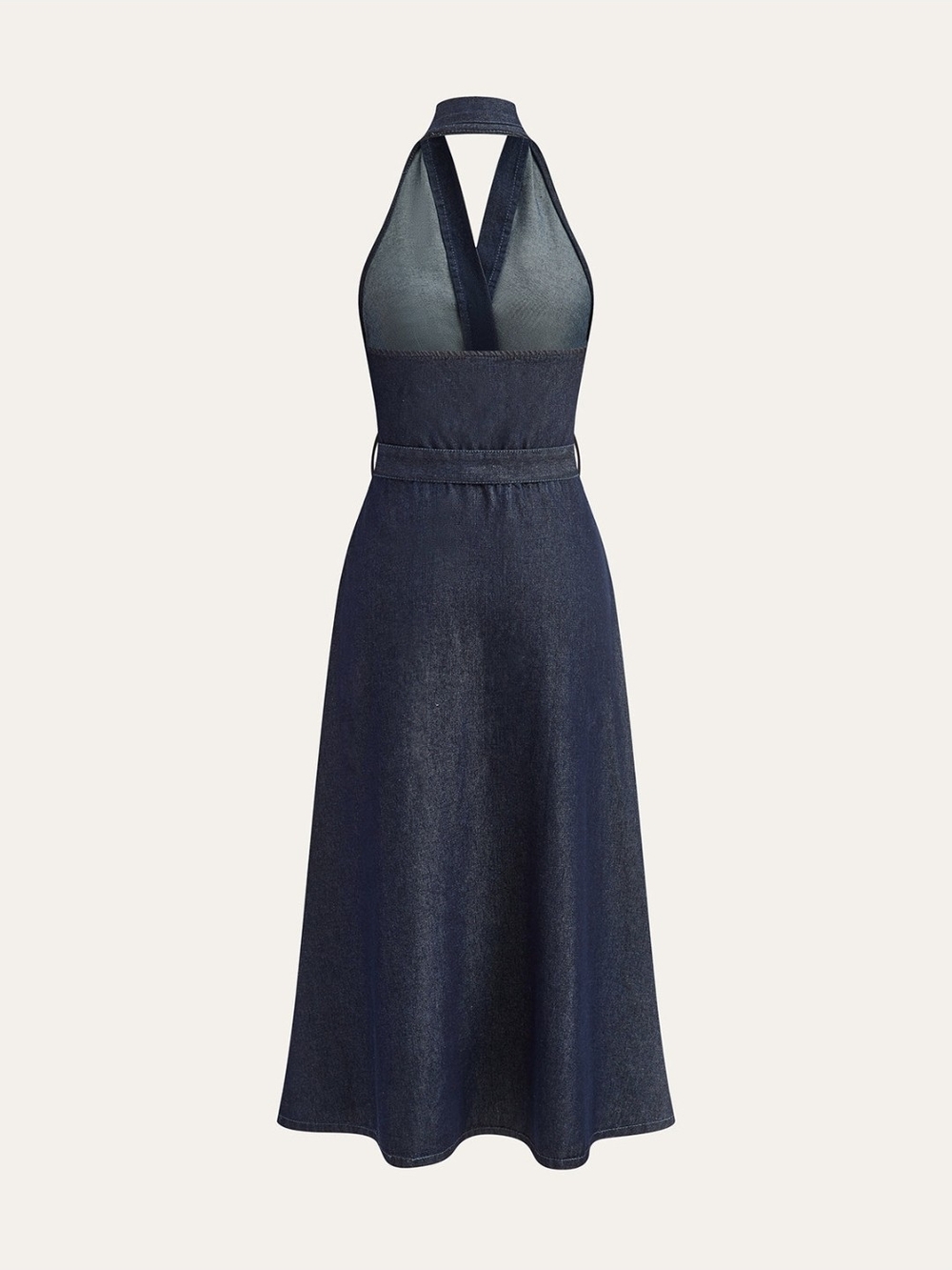 Commense Dark Indigo Halter Denim Midi Dress with Belt - Picture 2 of 6
